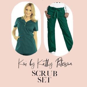 Koi by Kathy Peterson Hunter Green Scrub Top & Bottom Cargo Pants